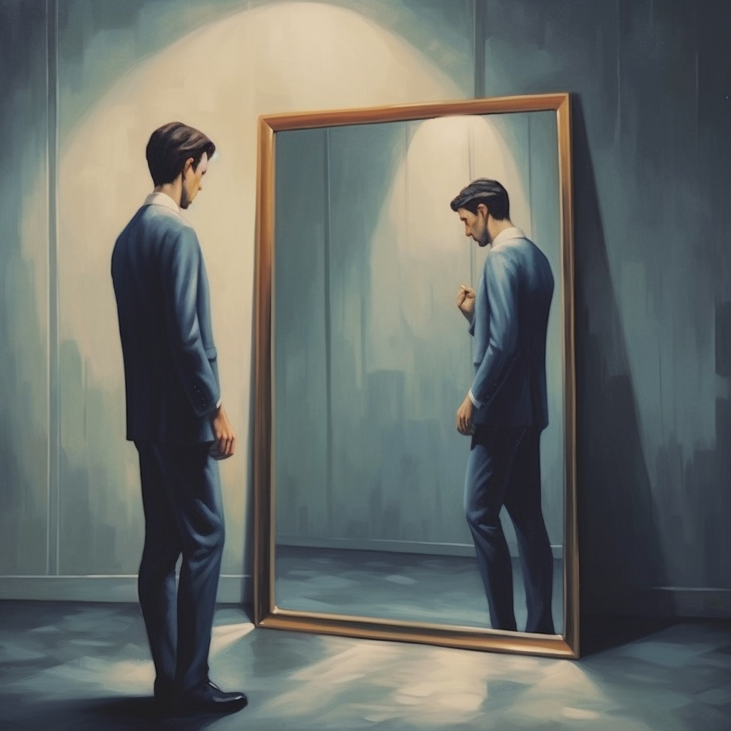 a man staring dejectedly at his reflection in the mirror