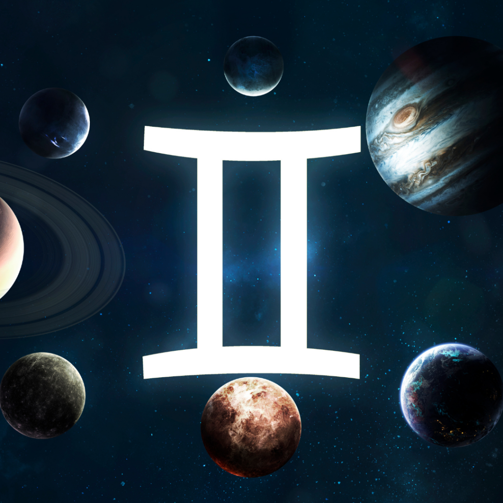 the gemini glyph surrounded by planets