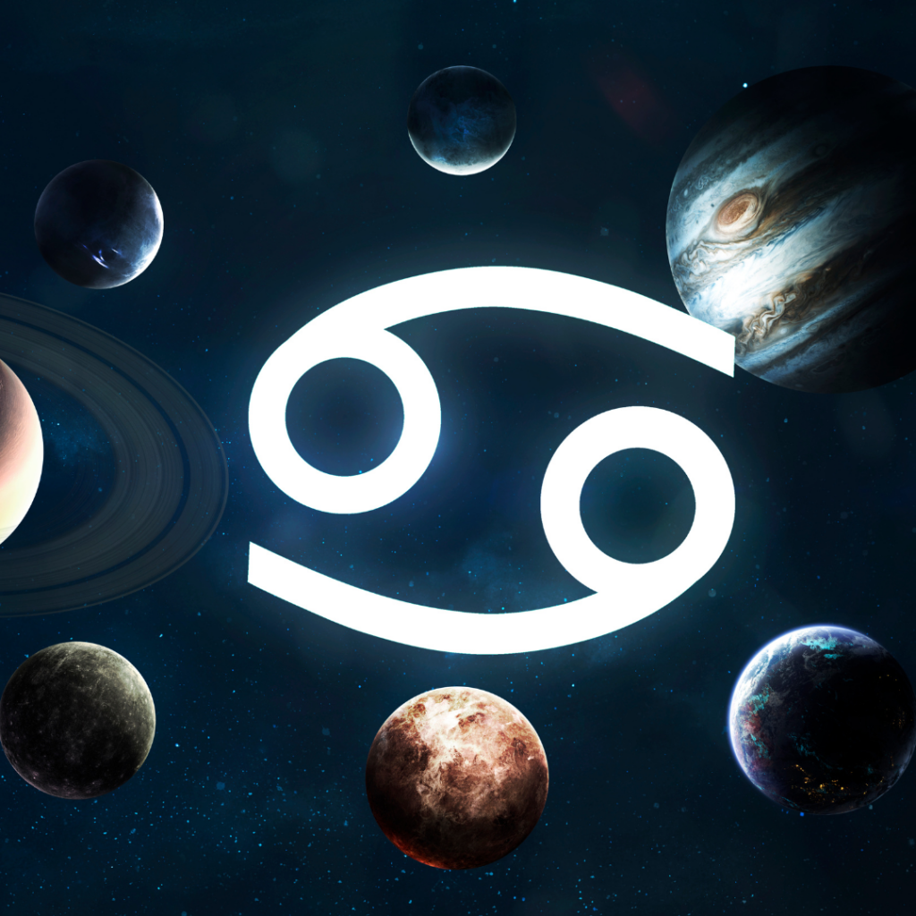 the cancer zodiac glyph surrounded by planets