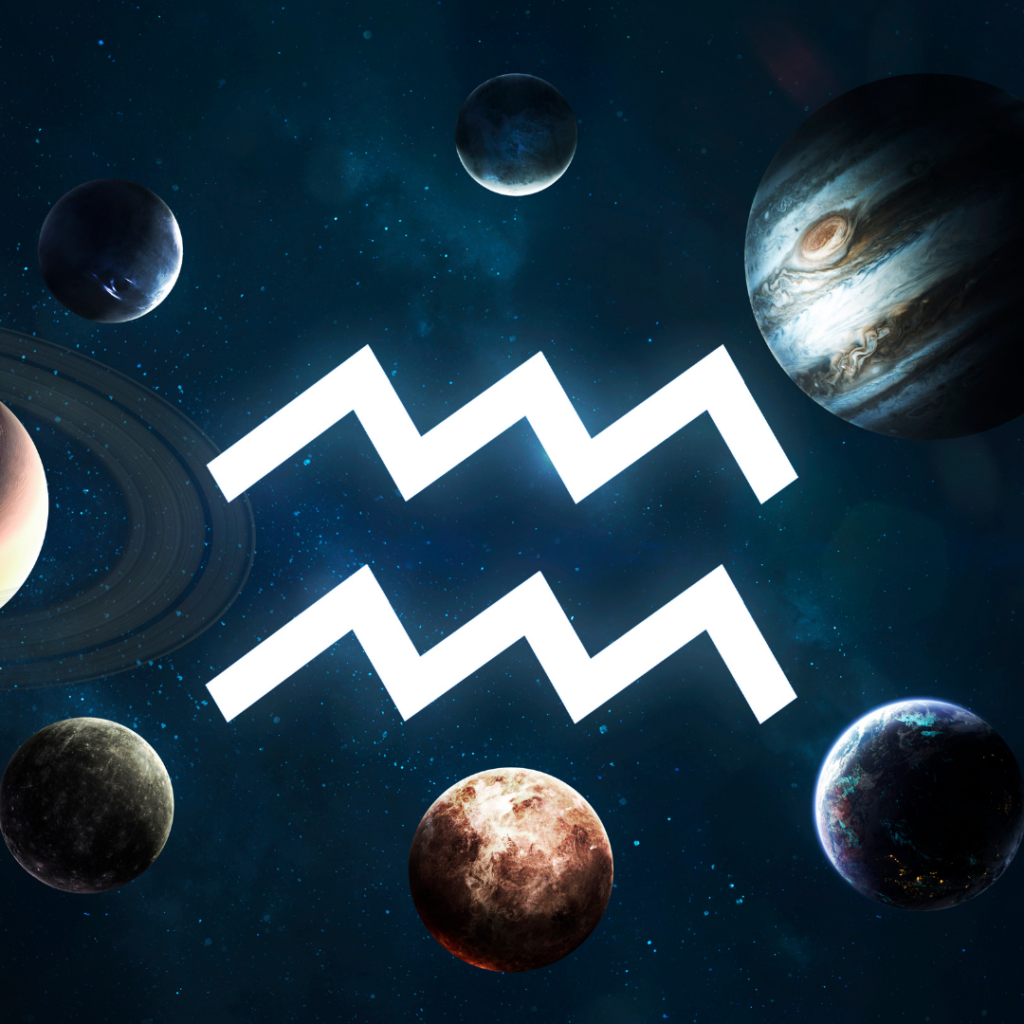 the aquarius glyph surrounded by planets